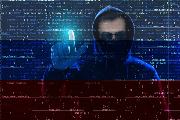 Dupla Exposição Hackers Trabalhando Com Tela Virtual Bandeira Rússia Ameaça — Fotografia de Stock