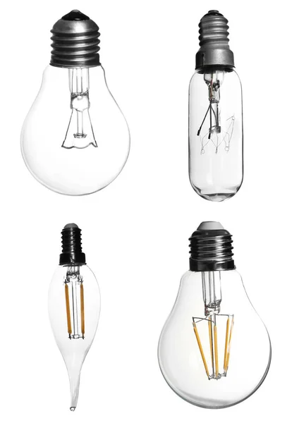 Set Different Light Bulbs Lamps White Background — Stock Photo, Image