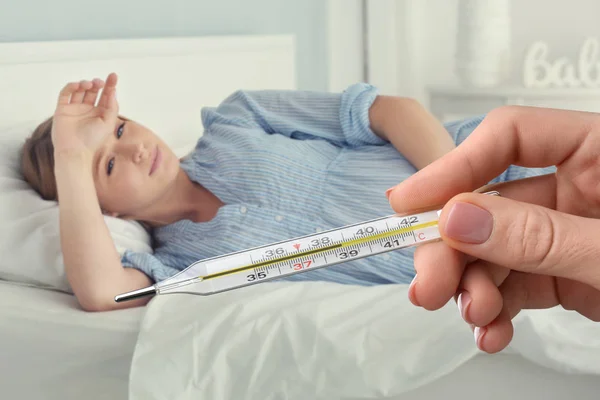 Doctor Holding Thermometer High Temperature Sick Pregnant Woman Lying Bed — Stock Photo, Image