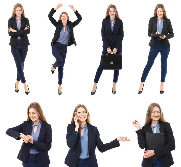 Set Con Mujer Joven Traje Elegante Sobre Fondo Blanco — Foto de Stock