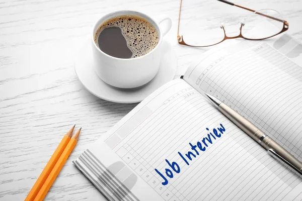 Text Job Interview Written Notebook Cup Coffee Table — Stock Photo, Image