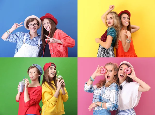 Коллаж Девушками Хипстера Цветном Фоне Красота Мода — стоковое фото