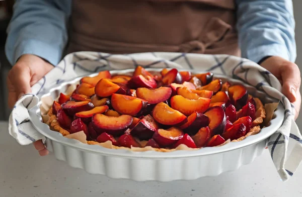 Woman Holding Delicious Pie Plums Closeup — Stock Photo, Image