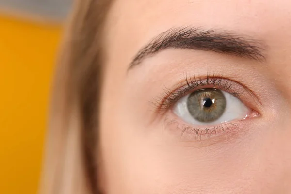 Olho de bela jovem mulher antes de aplicar extensões de pestanas, close-up — Fotografia de Stock