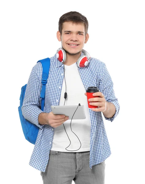 Adolescente Con Mochila Auriculares Tableta Sobre Fondo Blanco — Foto de Stock