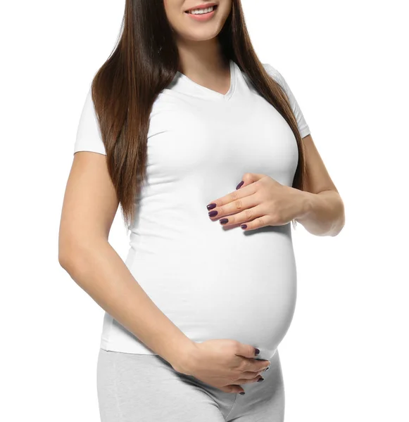 Těhotná Žena Drželi Ruce Břiše Bílé Pozadí — Stock fotografie