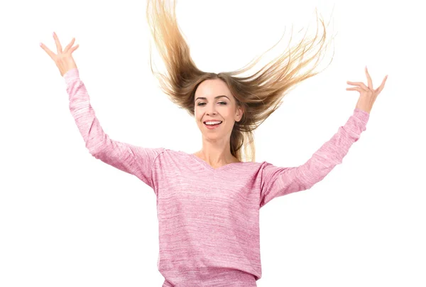 Hermosa Mujer Sonriente Sobre Fondo Blanco — Foto de Stock