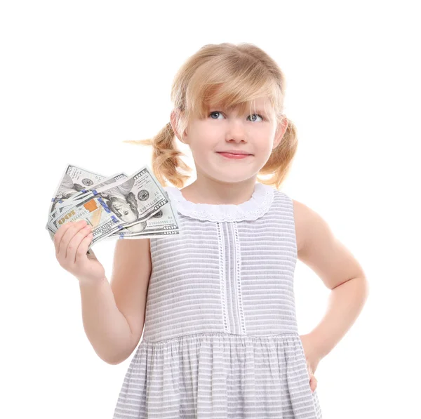 Cute little girl holding money on white background — Stock Photo, Image