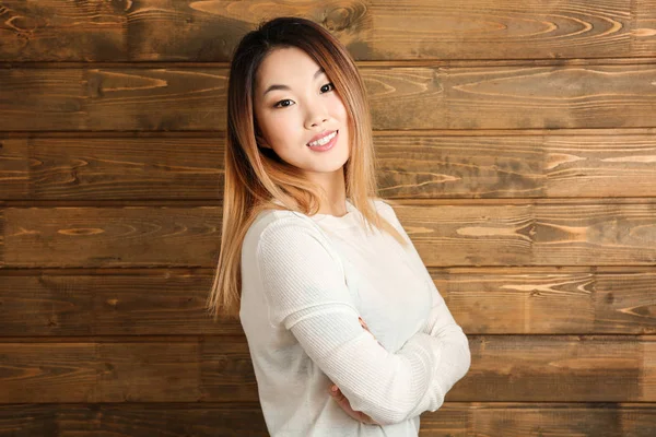 Portrait Beautiful Smiling Asian Woman Wooden Background — Stock Photo, Image