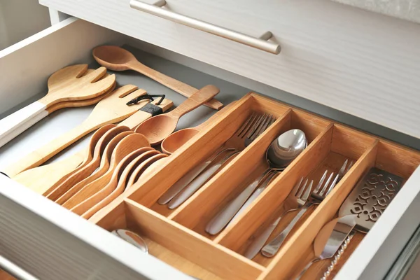 Set Cutlery Wooden Utensils Kitchen Drawer — Stock Photo, Image