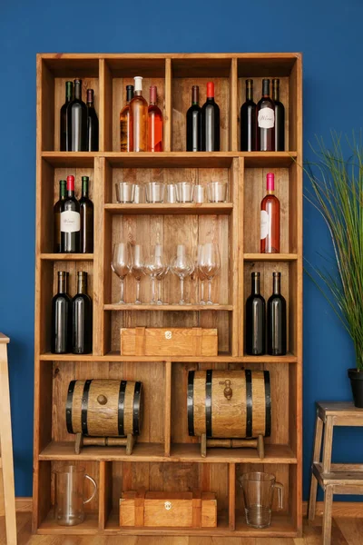 Wooden Storage Stand Wine Bottles Glasses Indoors — Stock Photo, Image