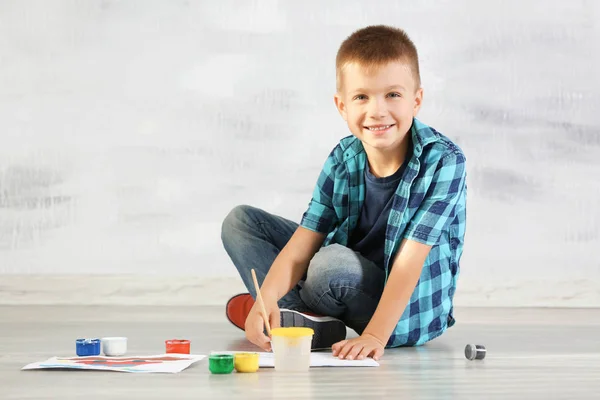 Cute Boy Painting Picture Sheet Paper Indoors — Stock Photo, Image
