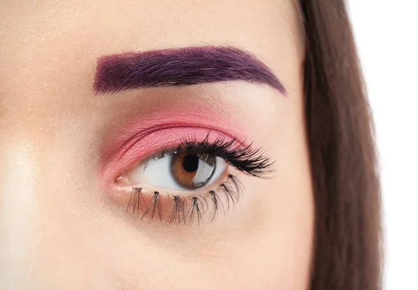 Young Woman Dyed Eyebrows Creative Makeup Grey Background — Stock Photo, Image