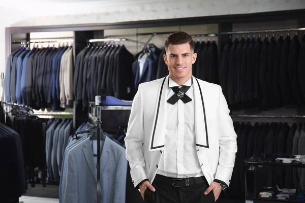 Handsome Young Man Wearing Elegant Suit Shop — Stock Photo, Image