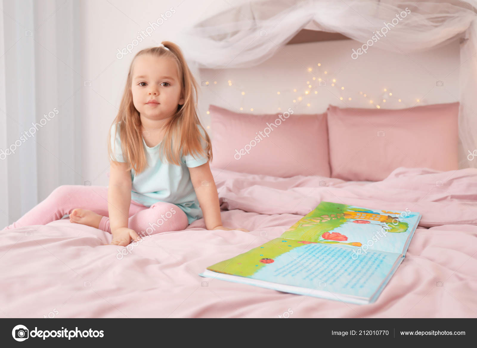 Cute Little Girl Sleeping Bed Home Closeup Stock Photo by ...