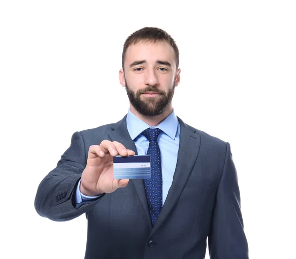 Άνθρωπος Που Κρατά Την Πιστωτική Κάρτα Λευκό Φόντο — Φωτογραφία Αρχείου