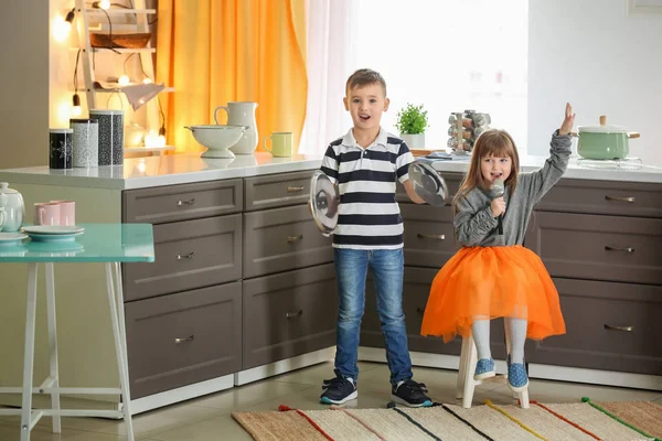 Cute Little Children Playing Musical Band Kitchen — Stock Photo, Image