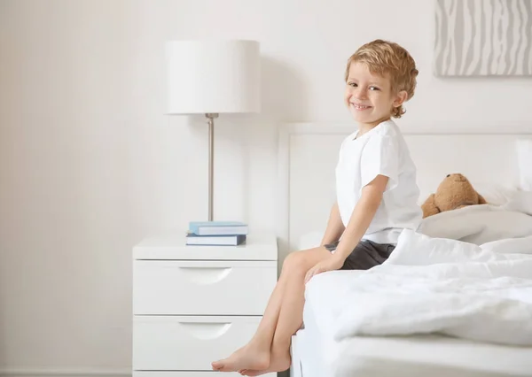 Cute Little Boy Sitting Bed Home — Stock Photo, Image