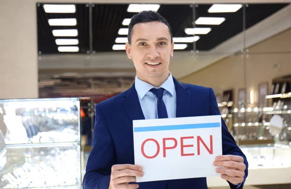 Portrait Young Man Open Sign Jewelry Store Small Business Owner — Stock Photo, Image