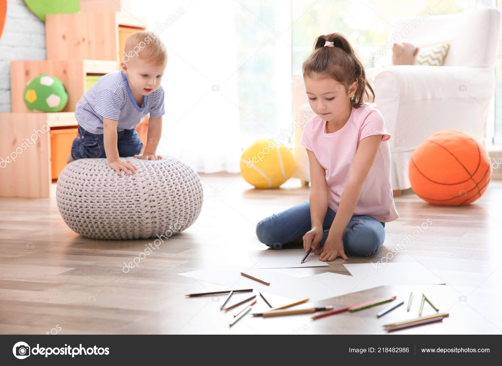 Little Boy Girl Drawing Floor Home Stock Photo By C Belchonock