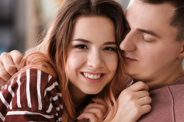 Portrait Cute Young Loving Couple Home Closeup — Stock Photo, Image