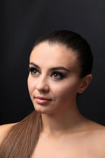 Beautiful Young Woman Eyelash Extensions Dark Background — Stock Photo, Image