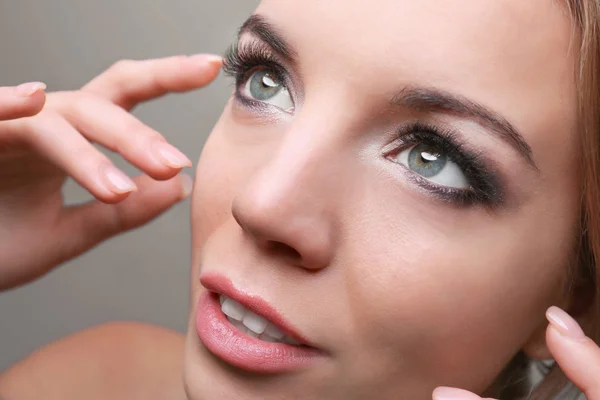 Portrait Beautiful Young Woman Eyelash Extensions Grey Background Closeup — Stock Photo, Image