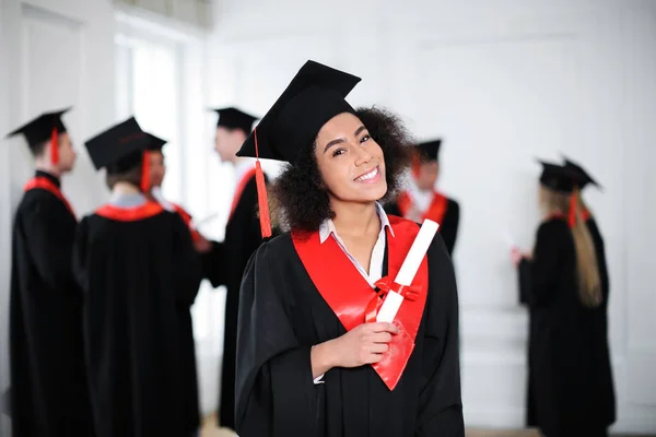 Happy Student Bachelor Robe Diploma Indoors Graduation Day — Stock Photo, Image