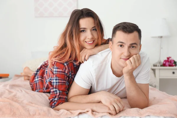 Portrait Cute Young Loving Couple Home Closeup — Stock Photo, Image