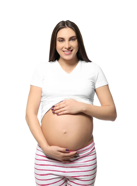Portrait Beautiful Pregnant Woman Resting Bed Home — Stock Photo, Image