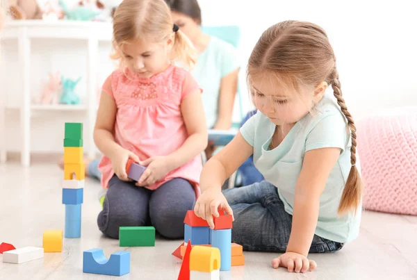 Cute Little Children Playing Blocks Kindergarten — Stock Photo, Image