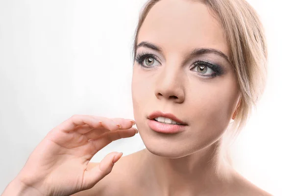 Portrait Beautiful Young Woman Eyelash Extensions Dark Background Closeup — Stock Photo, Image