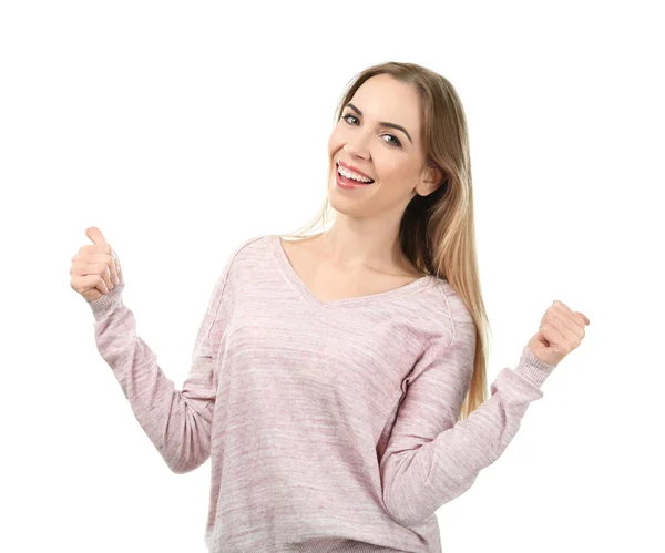 Hermosa Mujer Sonriente Posando Sobre Fondo Blanco —  Fotos de Stock