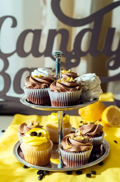 Tatil çikolata. Çikolata çikolata ve limon ile cupcakes ile metal kürsüye krem servis