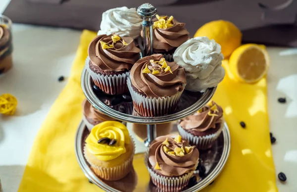 Tatil çikolata. Çikolata çikolata ve limon ile cupcakes ile metal kürsüye krem servis