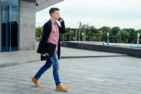 Stylish Young Man Plaid Shirt Jeans Laptop Computer Walking City — Stock Photo, Image