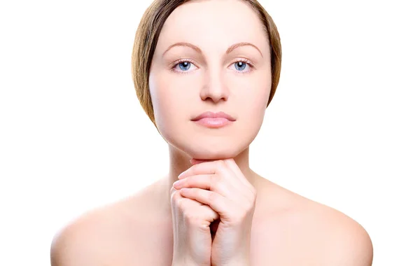 Portrait Fille Avec Maquillage Avec Les Mains Sur Menton Isolé — Photo