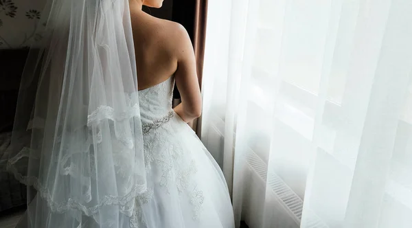 Gyönyörű Menyasszony Állt Ablak Hátsó Nézet Reggel Menyasszony Menyasszony Fátyol — Stock Fotó