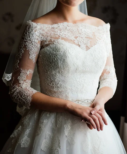 Beautiful Young Bride White Dress Waiting Groom Indoors Elegant Charming — Stock Photo, Image