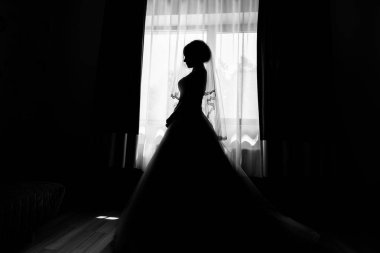 Pencerenin önünde duran güzel gelin silüeti. Sabah gelin. Güneş ışığı altında vasıl pencere sabah poz peçe içinde gelin. Hazırlanıyorum. Siyah ve beyaz fotoğraf