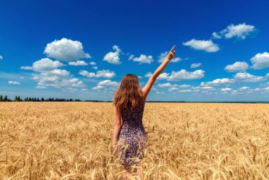 Arkadan görünüm altın buğday alanında yürüyüş ve bir parmak hareketi, boş alan kadar işaret içinde güzel genç kadın. Özgürlük, barış zihin sağlık kavramının. Kız Olgun buğday alan mavi gökyüzü arka plan altında tırmanıştır