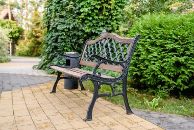 Şehir Parkı güneşli yaz gününde, boş alan içinde yalnız dekoratif ahşap Bank