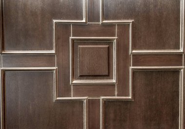 Ahşap doku arka plan kopya alanı ile. Vintage tarzı kare desenli kahverengi ahşap kapı arka plan. Ahşap rölyef süs duvar tasarımı, kopya alanı