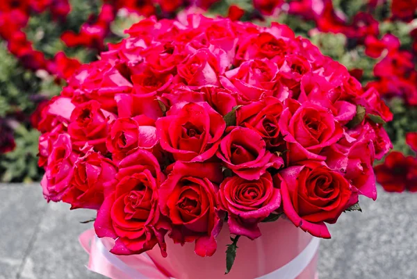Belo Buquê Flores Rosas Rosa Grande Redondo Caixa Chapéu Rosa — Fotografia de Stock