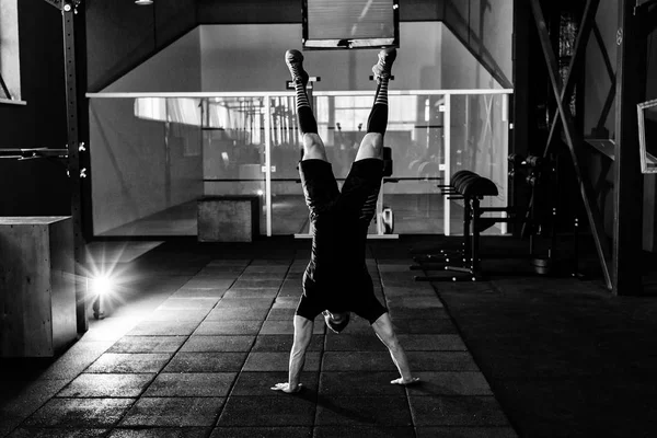 Athlete walking on his hands standing upside down in gym. Man doing push ups on his hands. Workout lifestyle concept.  Full body length portrait