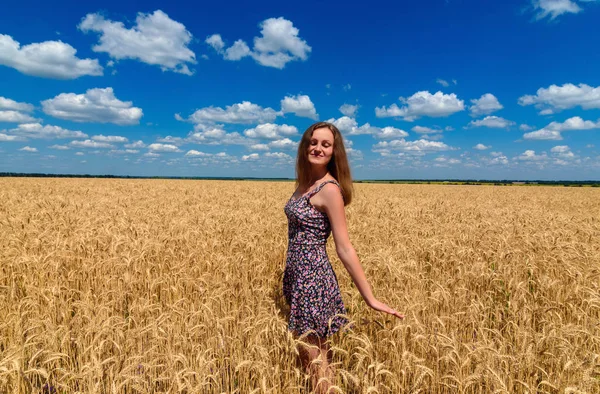 Portrait Beautiful Young Woman Dress Walking Golden Wheat Field Cloudy — Stock Photo, Image