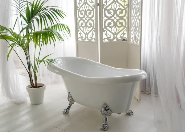 Güzel lüks banyo Interio, boş alan büyük penceresinde yakınındaki vintage boş küvet. Katlama perde ve palmiye ağacı, kopya alanı yakınında duran beyaz banyo 