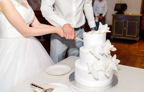 Noiva Elegante Noivo Cortando Bolo Casamento Multi Nível Branco Com — Fotografia de Stock