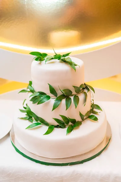 空きテーブルに新鮮な緑の葉で飾られたエレガントな白マルチ階層型結婚式や誕生日ケーキ — ストック写真