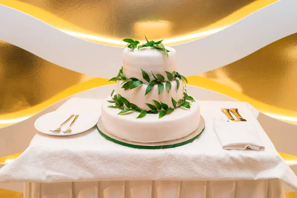空きテーブルに新鮮な緑の葉で飾られたエレガントな白マルチ レベルの結婚式や誕生日のケーキ — ストック写真